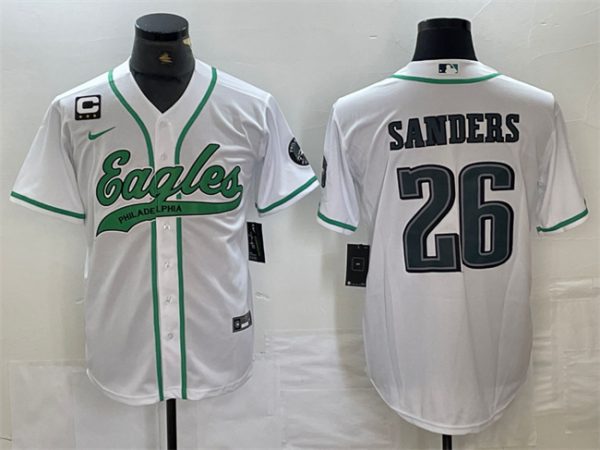 Men Philadelphia Eagles #26 Saquon Barkley White With 3-star C Patch Cool Base Stitched Baseball Jersey