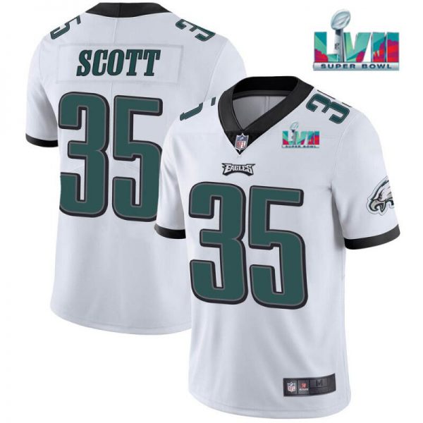 Men Philadelphia Eagles #35 Boston Scott White Super Bowl LVII Patch Vapor Untouchable Limited Stitched