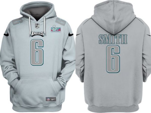 Men Philadelphia Eagles #6 DeVonta Smith Grey Atmosphere Fashion Super Bowl LVII Patch Pullover Hoodie