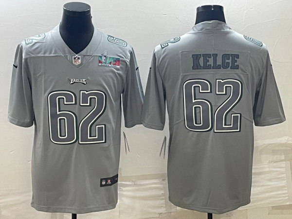Men Philadelphia Eagles #62 Jason Kelce Gray Super Bowl LVII Patch Atmosphere Fashion Stitched Jersey