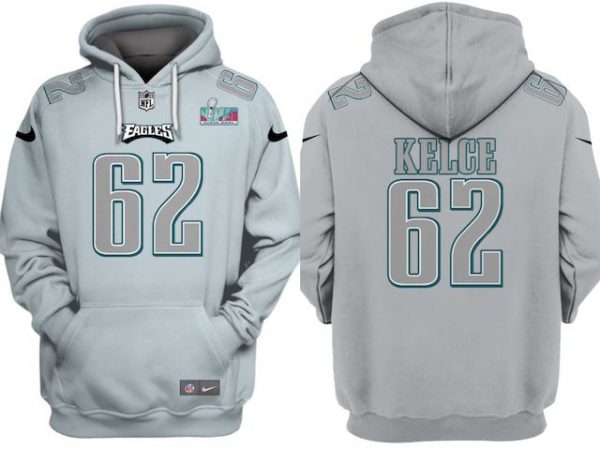 Men Philadelphia Eagles #62 Jason Kelce Grey Atmosphere Fashion Super Bowl LVII Patch Pullover Hoodie