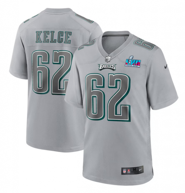 Men Philadelphia Eagles #62 Jason Kelce Grey Super Bowl LVII Patch Atmosphere Fashion Stitched Game Jersey