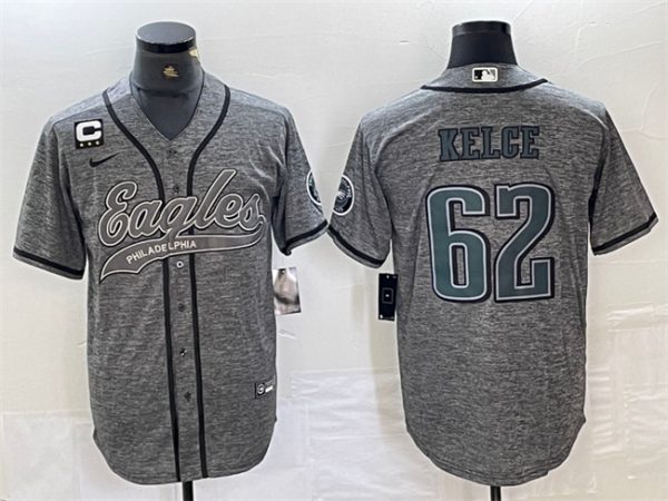 Men Philadelphia Eagles #62 Jason Kelce Grey With 3-star C Patch Cool Base Stitched Baseball Jersey