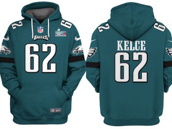 Men Philadelphia Eagles #62 Jason Kelce White Super Bowl LVII Patch Pullover Hoodie