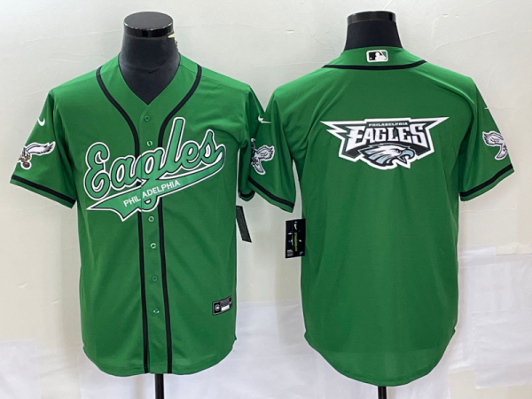 Men Philadelphia Eagles Green Team Big Logo Cool Base Stitched Baseball Jersey