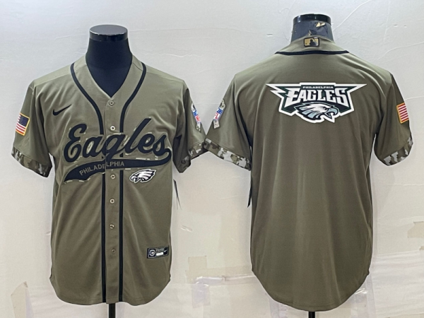 Men Philadelphia Eagles Olive 2022 Salute To Service Team Big Logo Cool Base Stitched Baseball Jersey 001