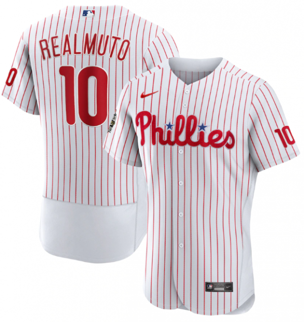 Men Philadelphia Phillies #10 J.T. Realmuto White 2022 World Series Flex Base Stitched Baseball Jersey