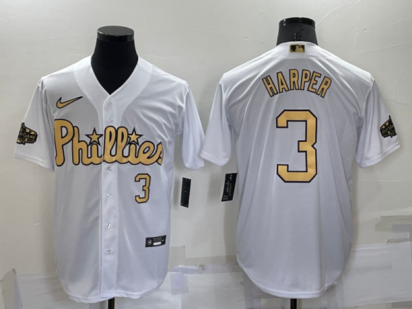 Men Philadelphia Phillies #3 Bryce Harper 2022 All-Star White Cool Base Stitched Baseball Jersey