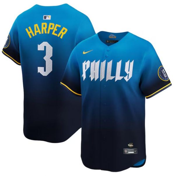Men Philadelphia Phillies #3 Bryce Harper Blue 2024 City Connect Limited Stitched Jersey