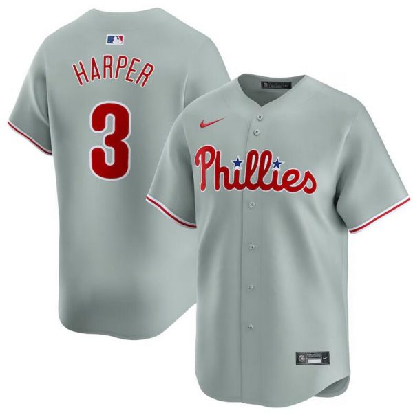 Men Philadelphia Phillies #3 Bryce Harper Grey Away Limited Stitched Jersey