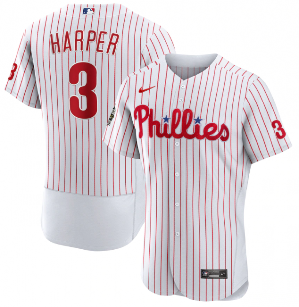 Men Philadelphia Phillies #3 Bryce Harper White 2022 World Series Flex Base Stitched Baseball Jersey