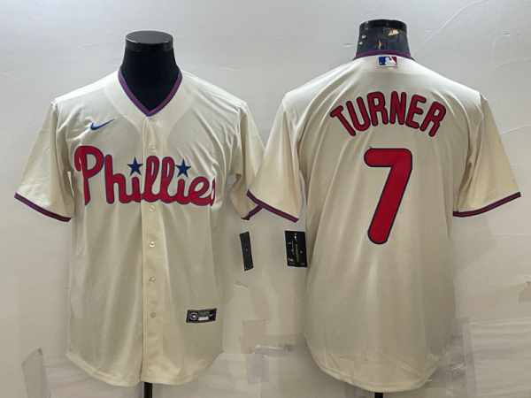 Men Philadelphia Phillies #7 Trea Turner Cream Cool Base Stitched Baseball Jersey