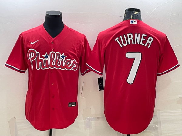 Men Philadelphia Phillies #7 Trea Turner Red Cool Base Stitched Baseball Jersey