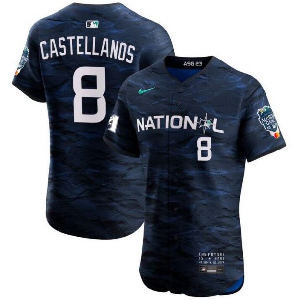 Men Philadelphia Phillies #8 Nick Castellanos Royal 2023 All-star Flex Base Stitched Baseball Jersey