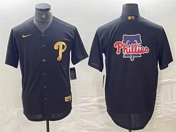Men Philadelphia Phillies Black Team Big Logo Cool Base Stitched Baseball Jersey
