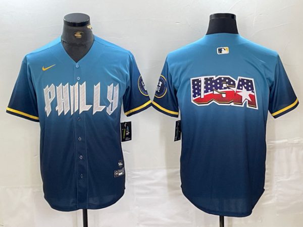 Men Philadelphia Phillies Blue Team Big Logo 2024 City Connect Limited Stitched Baseball Jersey