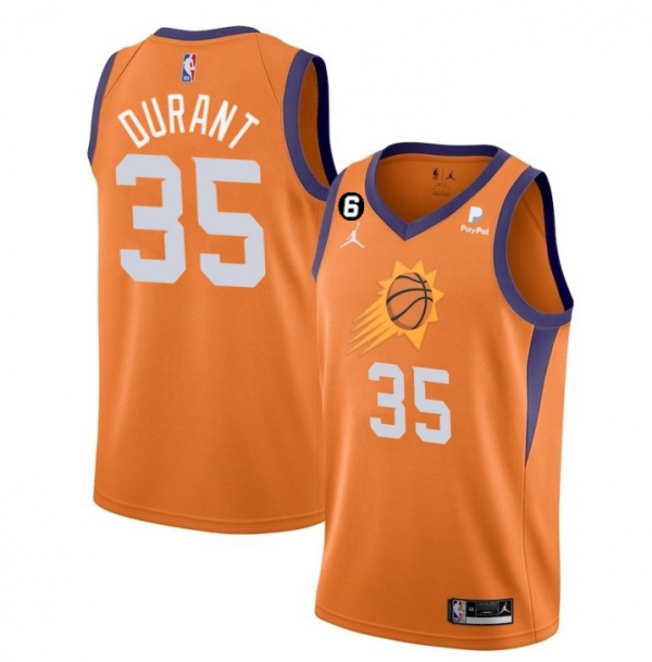 Men Phoenix Suns #35 Kevin Durant Orange With NO.6 Patch Statement Edition Stitched Basketball Jersey