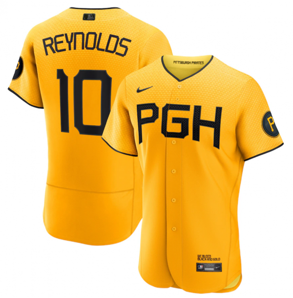 Men Pittsburgh Pirates #10 Bryan Reynolds Gold 2023 City Connect Flex Base Stitched Jersey