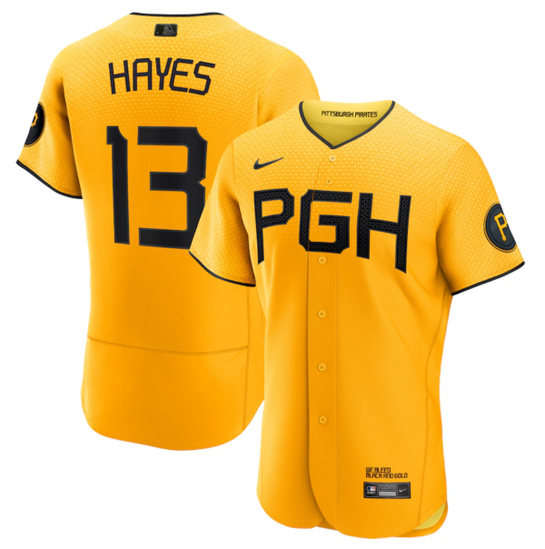 Men Pittsburgh Pirates #13 Ke'Bryan Hayes Gold 2023 City Connect Flex Base Stitched Jersey