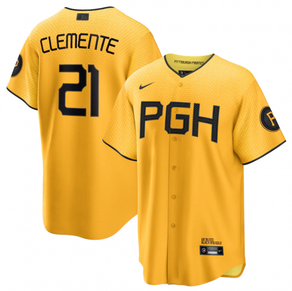 Men Pittsburgh Pirates #21 Roberto Clemente Gold 2023 City Connect Stitched Jersey