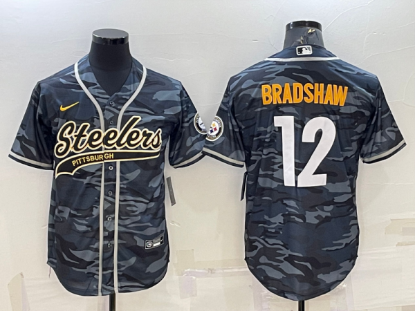 Men Pittsburgh Steelers #12 Terry Bradshaw Grey/Navy Camo With Patch Cool Base Stitched Baseball Jersey