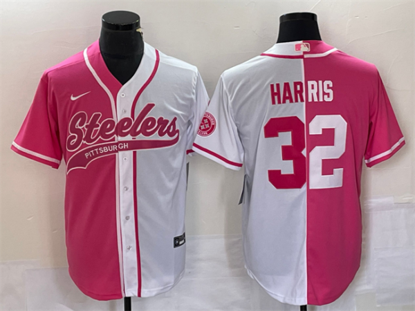 Men Pittsburgh Steelers #32 Franco Harris White Pink Split Cool Base Stitched Baseball Jersey