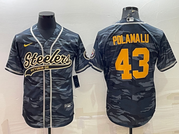 Men Pittsburgh Steelers #43 Troy Polamalu Grey/Navy Camo With Patch Cool Base Stitched Baseball Jersey