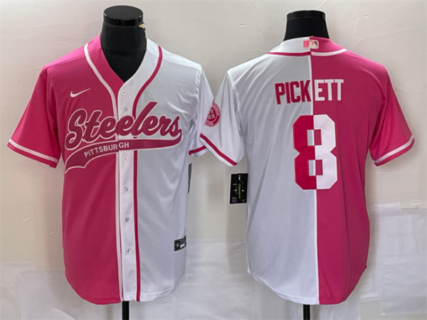 Men Pittsburgh Steelers #8 Kenny Pickett White Pink Split Cool Base Stitched Baseball Jersey