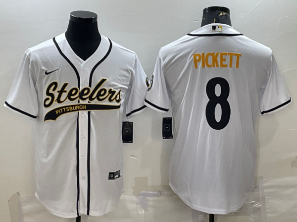 Men Pittsburgh Steelers #8 Kenny Pickett White With Patch Cool Base Stitched Baseball Jersey