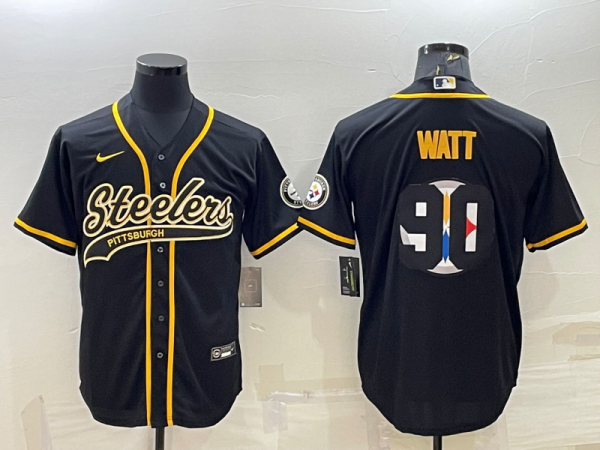 Men Pittsburgh Steelers #90 T. J. Watt Black Team Big Logo With Patch Cool Base Stitched Baseball Jersey