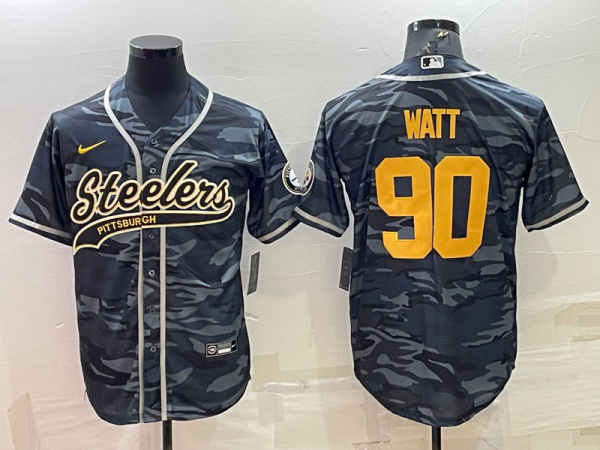 Men Pittsburgh Steelers #90 T. J. Watt Grey/Navy Camo With Patch Cool Base Stitched Baseball Jersey