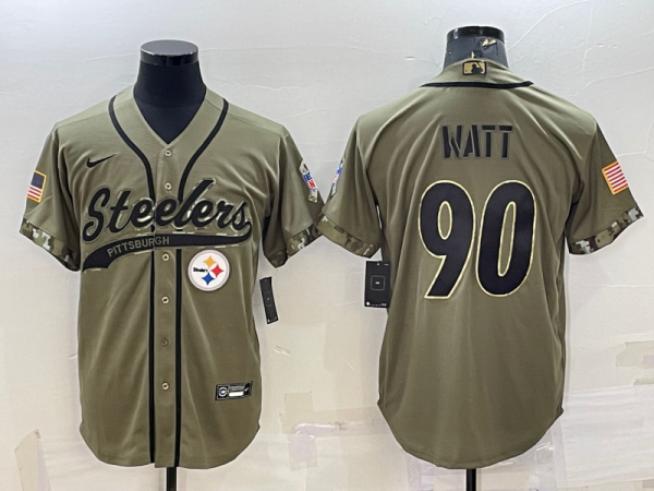 Men Pittsburgh Steelers #90 T.J. Watt Olive 2022 Salute to Service Cool Base Stitched Baseball Jersey