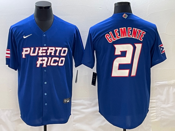 Men Puerto Rico Baseball #21 Roberto Clemente 2023 Royal World Baseball Classic Stitched Jersey