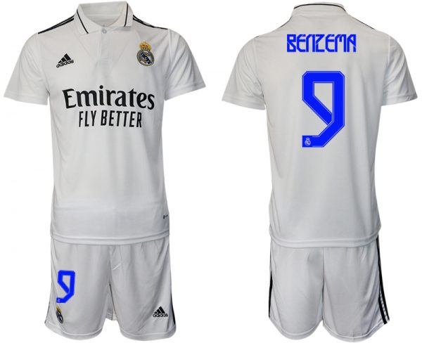 Men Real Madrid #9 Karim Benzema 22/23 White Home Soccer Jersey Suit