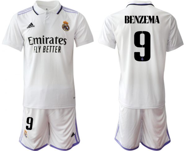 Men Real Madrid #9 Karim Benzema 22/23 White Home Soccer Jersey Suit