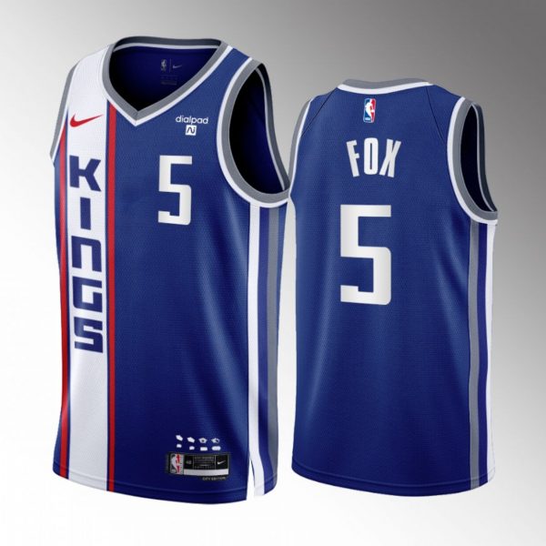 Men Sacramento Kings #5 De'Aaron Fox Blue 2023/24 City Edition Stitched Basketball Jersey