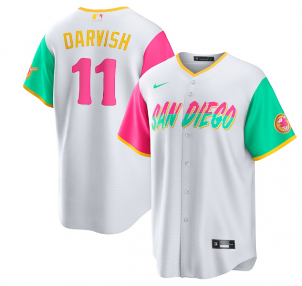 Men San Diego Padres #11 Yu Darvish 2022 White City Connect Cool Base Stitched Jersey