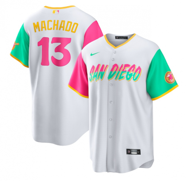 Men San Diego Padres #13 Manny Machado 2022 White City Connect Cool Base Stitched Jersey