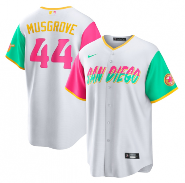 Men San Diego Padres #44 Joe Musgrove 2022 White City Connect Cool Base Stitched Jersey
