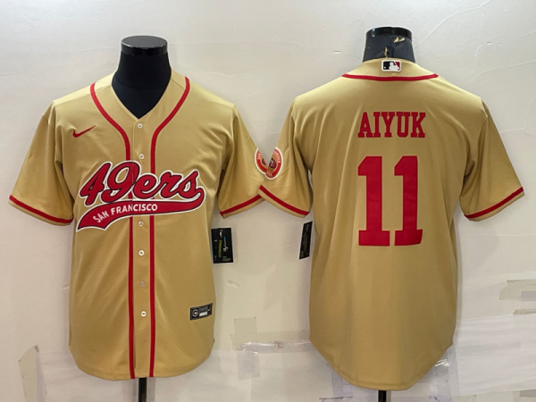 Men San Francisco 49ers #11 Brandon Aiyuk Gold With Patch Cool Base Stitched Baseball Jersey