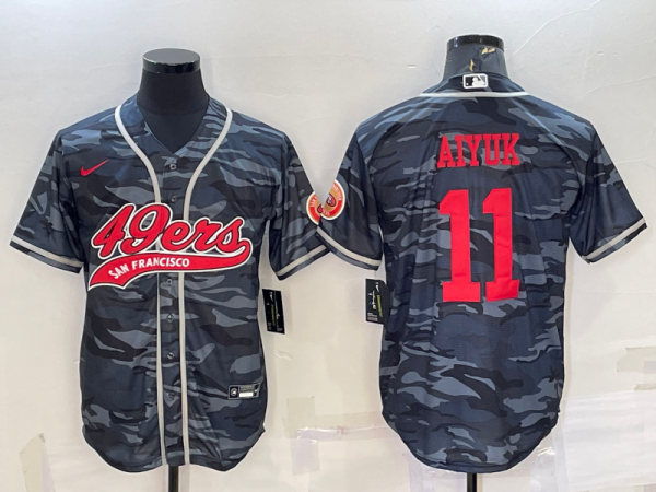 Men San Francisco 49ers #11 Brandon Aiyuk Grey Red Camo With Patch Cool Base Stitched Baseball Jersey