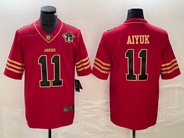 Men San Francisco 49ers #11 Brandon Aiyuk Red Gold With 75th Anniversary Patch Stitched Jersey