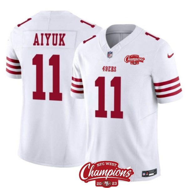 Men San Francisco 49ers #11 Brandon Aiyuk White 2023 F.U.S.E. NFC West Champions Patch Stitched Football Jersey