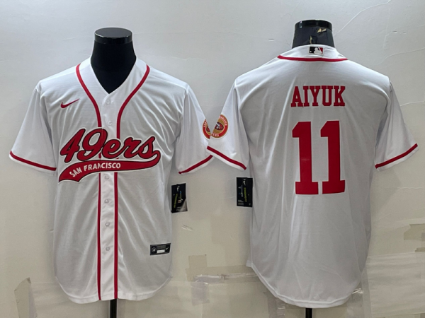 Men San Francisco 49ers #11 Brandon Aiyuk White With Patch Cool Base Stitched Baseball Jersey