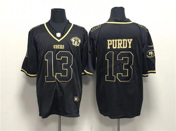 Men San Francisco 49ers #13 Brock Purdy Black Gold With 75th Anniversary Patch Stitched Jerseych Cool Base Stitched Baseball Jersey