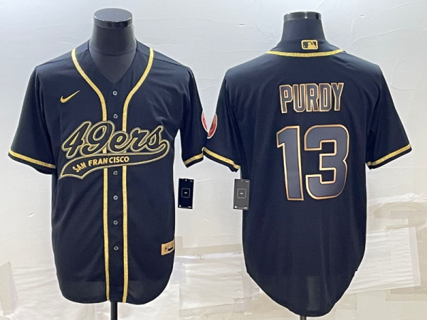 Men San Francisco 49ers #13 Brock Purdy Black Gold With Patch Cool Base Stitched Baseball Jersey