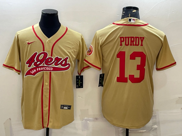 Men San Francisco 49ers #13 Brock Purdy Gold With Patch Cool Base Stitched Baseball Jersey