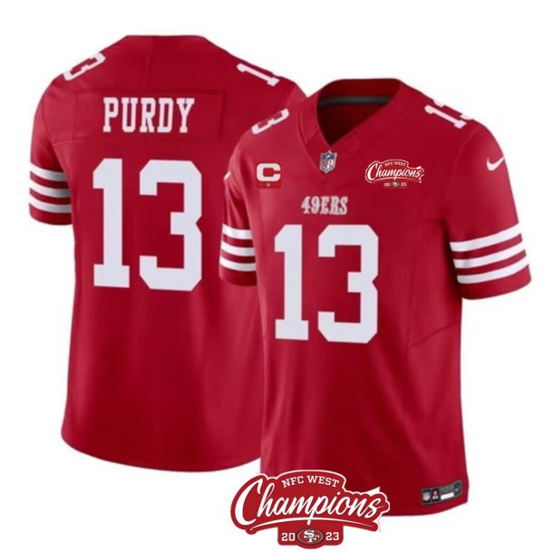 Men San Francisco 49ers #13 Brock Purdy Red 2023 F.U.S.E. With 1-Star C Patch And NFC West Champions Patch Stitched Football Jersey