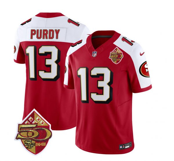 Men San Francisco 49ers #13 Brock Purdy Red/White 2023 F.U.S.E. 50th Patch Throwback Stitched Football Jersey