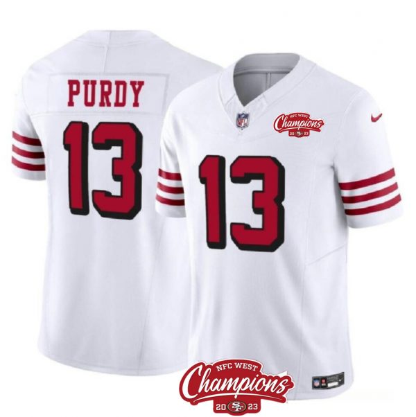 Men San Francisco 49ers #13 Brock Purdy White 2023 F.U.S.E. NFC West Champions Patch Alternate Stitched Football Jersey